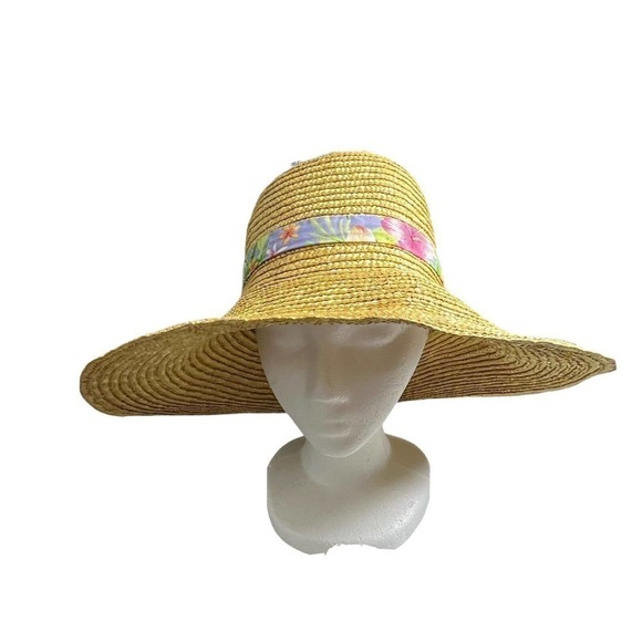 Tropical Trends 100% Natural Straw Hat One Size Wide Brim Beach Floral S… - Picture 2 of 8